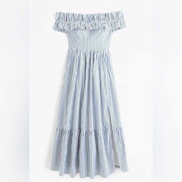 Abercrombie & Fitch Dresses & Skirts - Abercrombie & Fitch Blue White Striped Ruffle Off Shoulder Maxi Dress XL Smocked